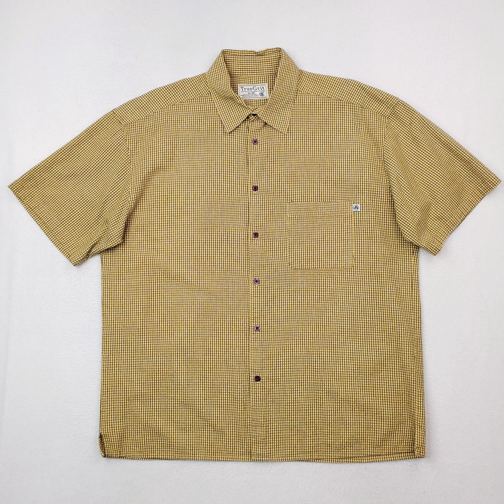 True Grit Shirt Mens Extra Large Yellow Blue Check Plaid Button Up Heavyweight